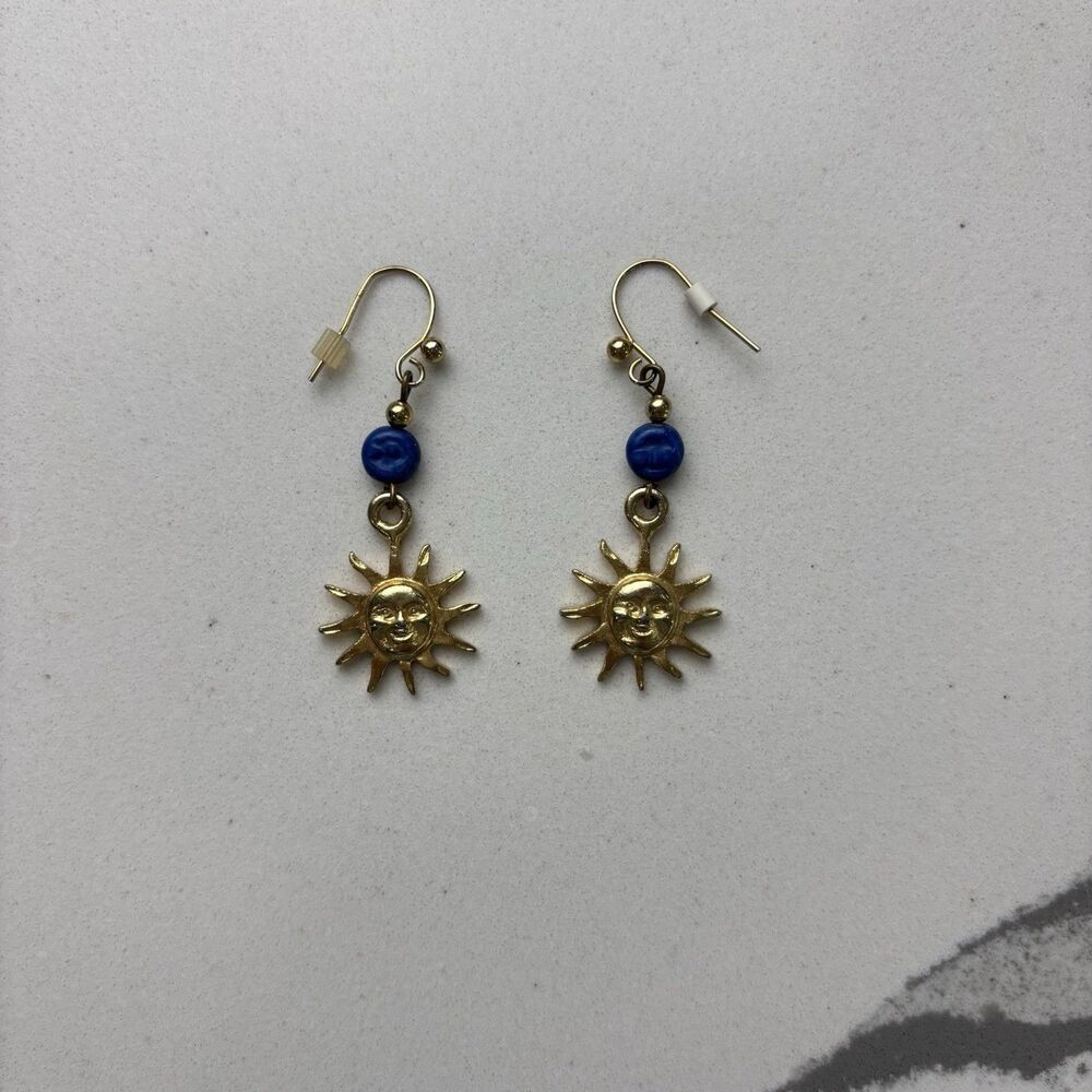 Celestial Sun Face Dangle Earrings Gold Tone Blue Sunburst Cosmic Boho Jewelry - Picture 5 of 7